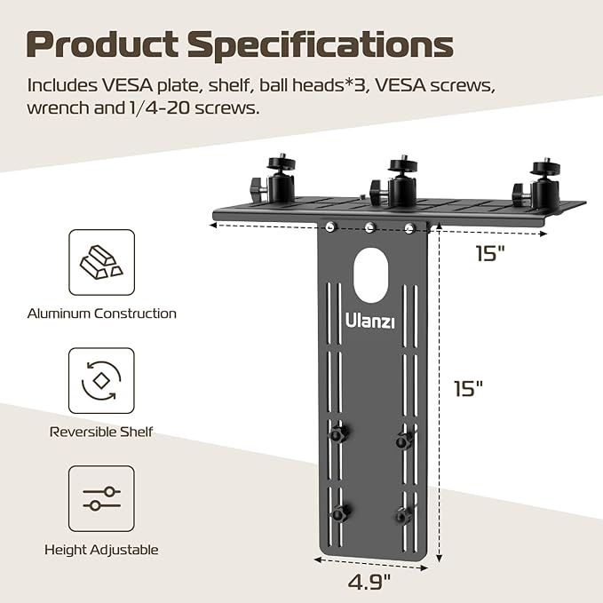 ULANZI LS16 DSLR Monitor Top Shelf for VESA Arm, Camera Mount Clamp for Light, Webcam, Mic, Replace Clamp Tripods for Camera Desk Mount, for Live Stream, Video Conferencing, YouTube, TikTok