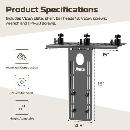 ULANZI LS16 DSLR Monitor Top Shelf for VESA Arm, Camera Mount Clamp for Light, Webcam, Mic, Replace Clamp Tripods for Camera Desk Mount, for Live Stream, Video Conferencing, YouTube, TikTok