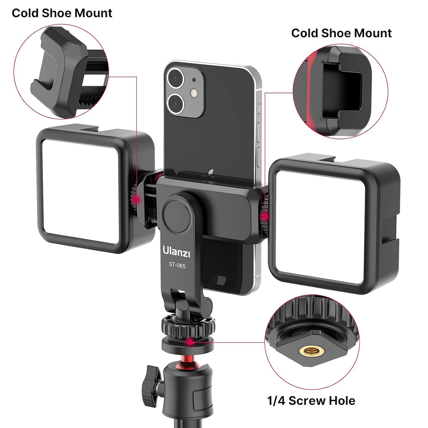 Uanzi ST-06S Universal Smartphone Mount with 2 Cold Shoes, 360Â° Rotation, Adjustable Clip