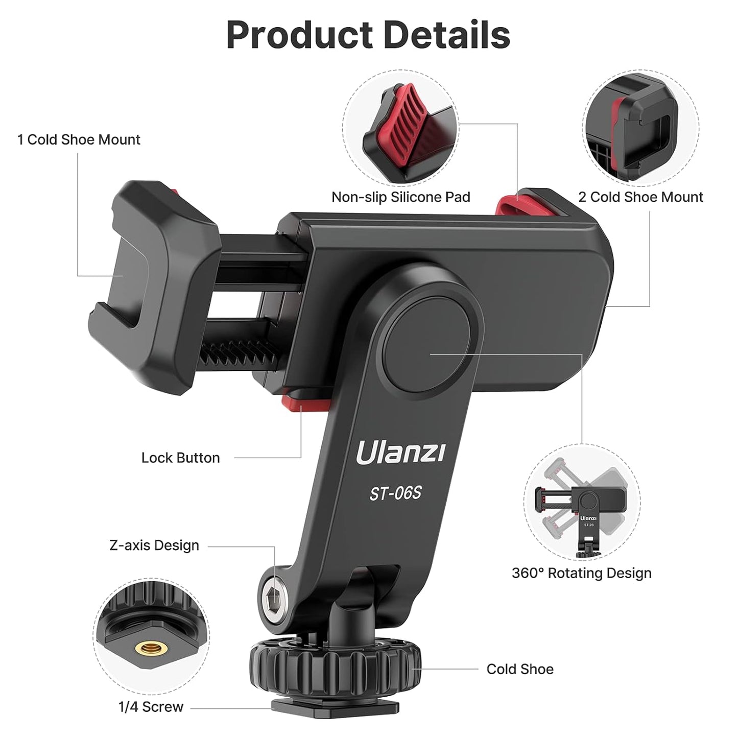 Uanzi ST-06S Universal Smartphone Mount with 2 Cold Shoes, 360Â° Rotation, Adjustable Clip