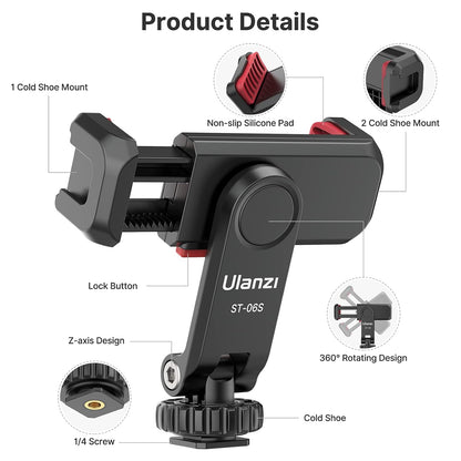 Uanzi ST-06S Universal Smartphone Mount with 2 Cold Shoes, 360Â° Rotation, Adjustable Clip