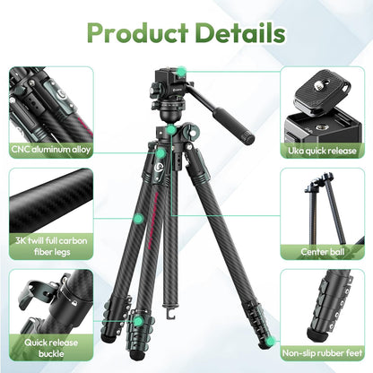 ULANZI JJ06 GlideGo Carbon Fiber Video Tripod, Dual 360Â° Pan Head, 73.6 inch Max Height, 11 lb Load