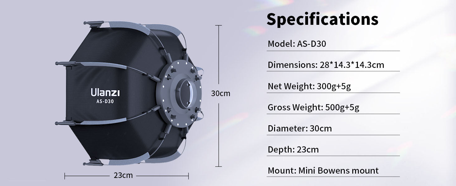 Ulanzi AS-D30 30cm Mini Bowens Mount Octagon Softbox Octagonal Speedlite, Studio Flash, Speedlight Umbrella Softbox with Carrying Bag, Lightweight Compatible with Ulanzi 40W/40W Pro/60W Video Light.