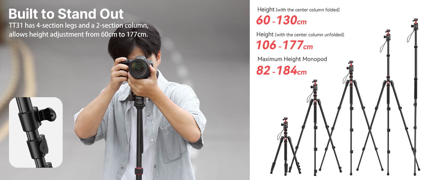 ULANZI TT31 72.4" Tripod/Monopod, 33lb Load, QR Plate, 360Â° Head for DSLR/Video