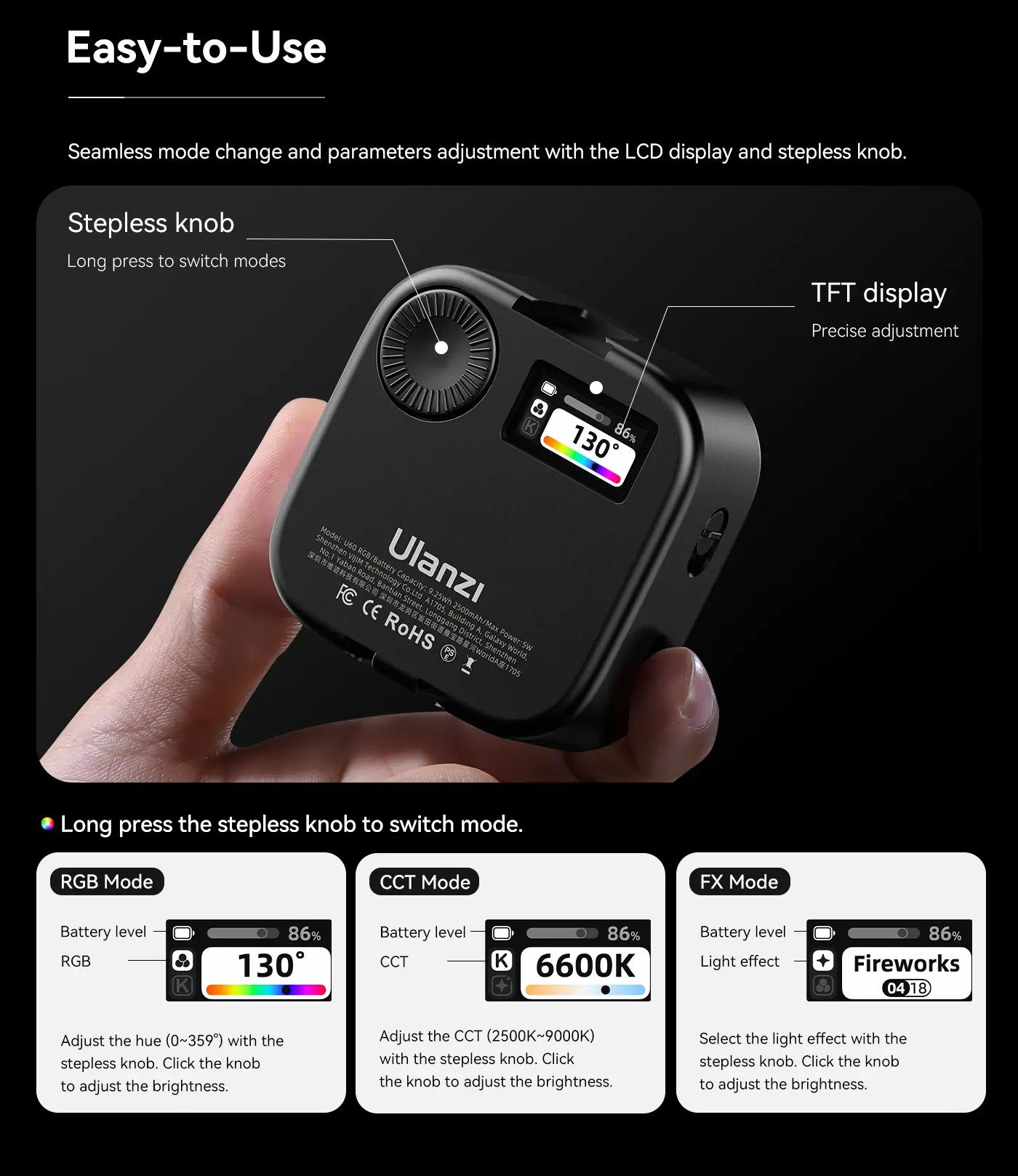 Ulanzi U60 (Black) RGB Video Light, 360Â° Color, CRIâ‰¥95, 2500-9000K, 2500mAh