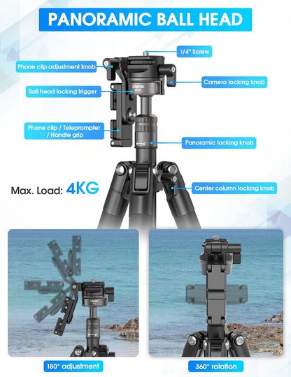 ULANZI MT-63 57" Foldable Tripod, 2-in-1 Clip, 5KG Load, Ball Head