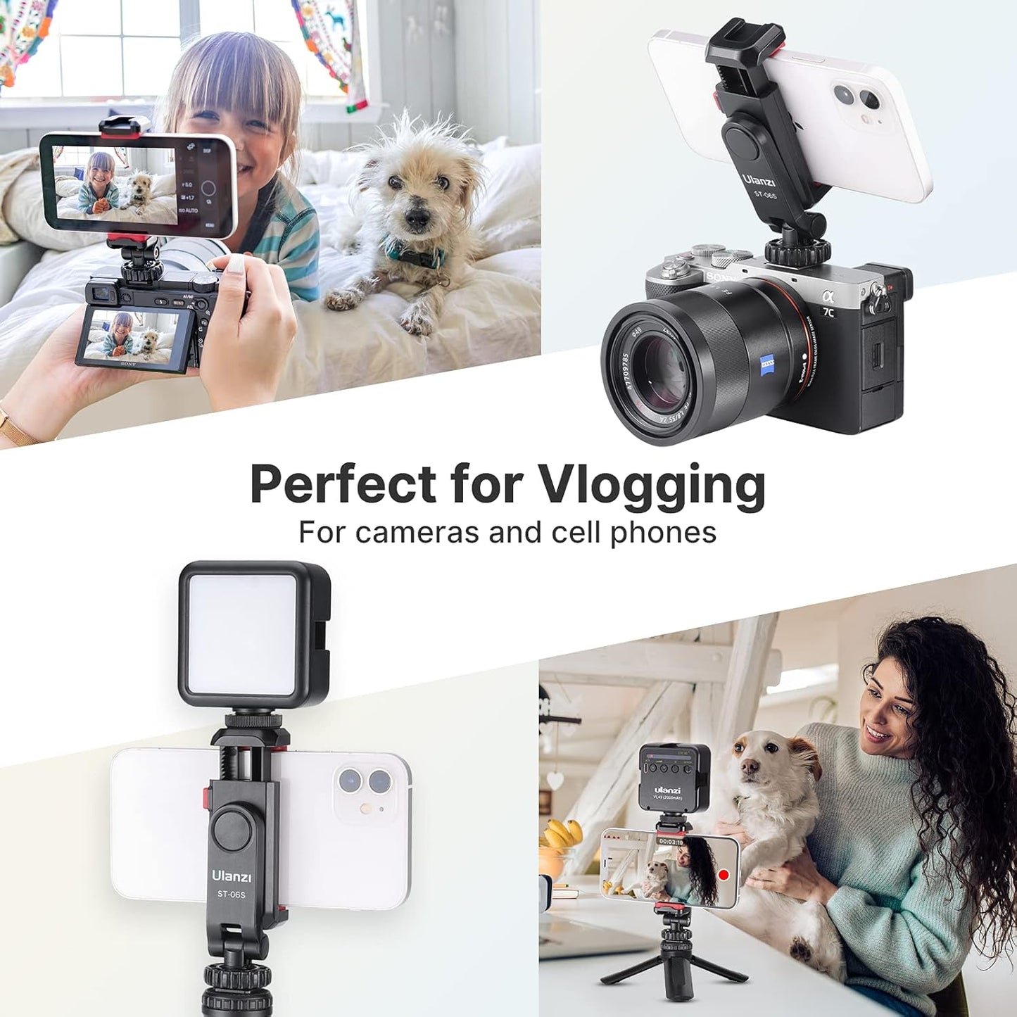 Uanzi ST-06S Universal Smartphone Mount with 2 Cold Shoes, 360Â° Rotation, Adjustable Clip