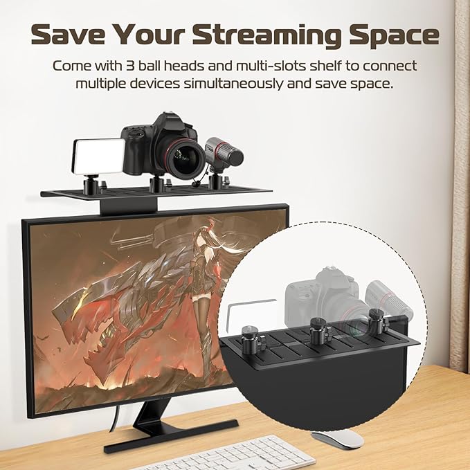 ULANZI LS16 DSLR Monitor Top Shelf for VESA Arm, Camera Mount Clamp for Light, Webcam, Mic, Replace Clamp Tripods for Camera Desk Mount, for Live Stream, Video Conferencing, YouTube, TikTok