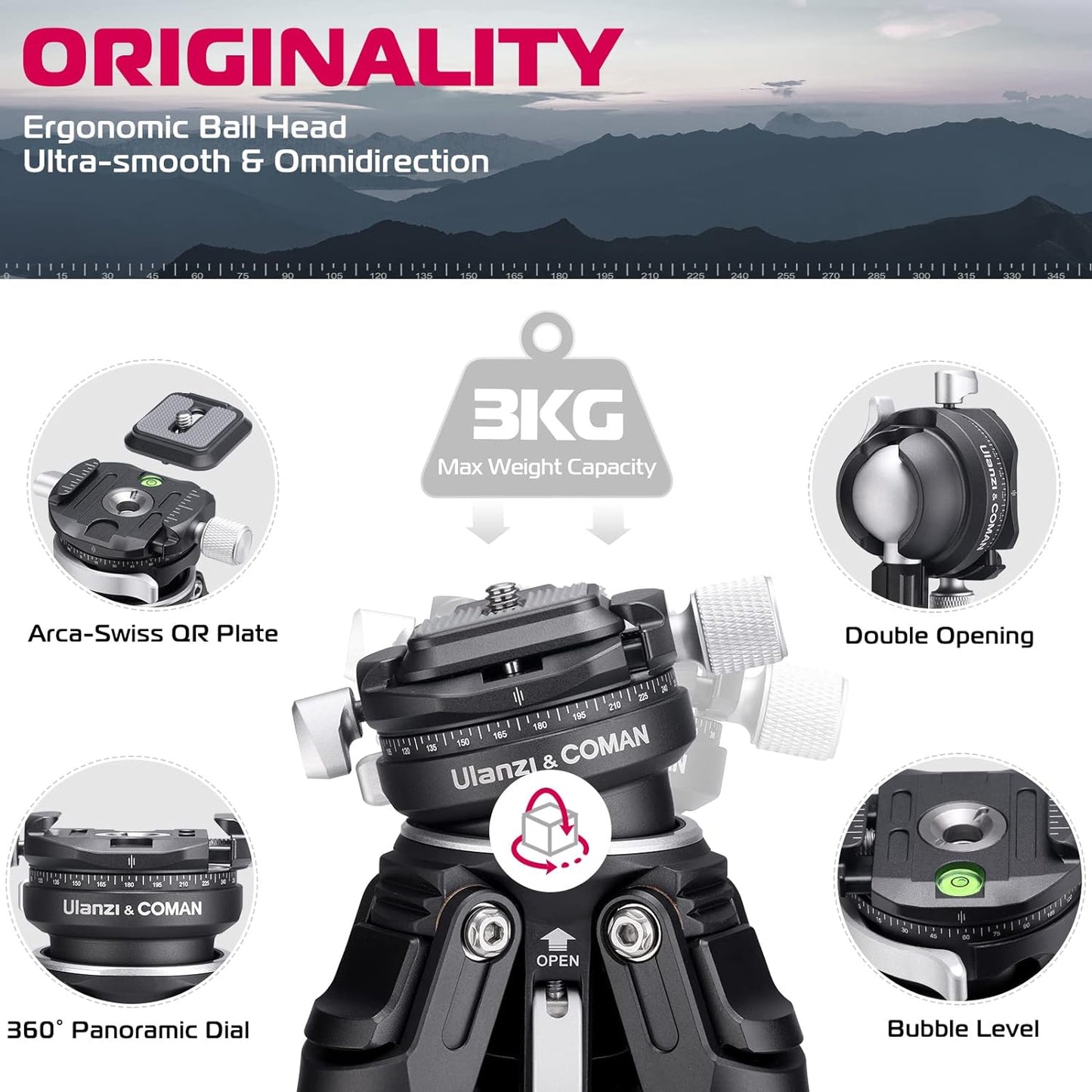 Zero Y Professional Carbon Fiber Camera Tripod, 360Â° Ballhead, 39lb Max Load