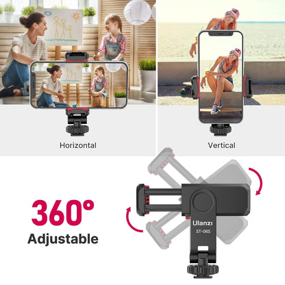 Uanzi ST-06S Universal Smartphone Mount with 2 Cold Shoes, 360Â° Rotation, Adjustable Clip