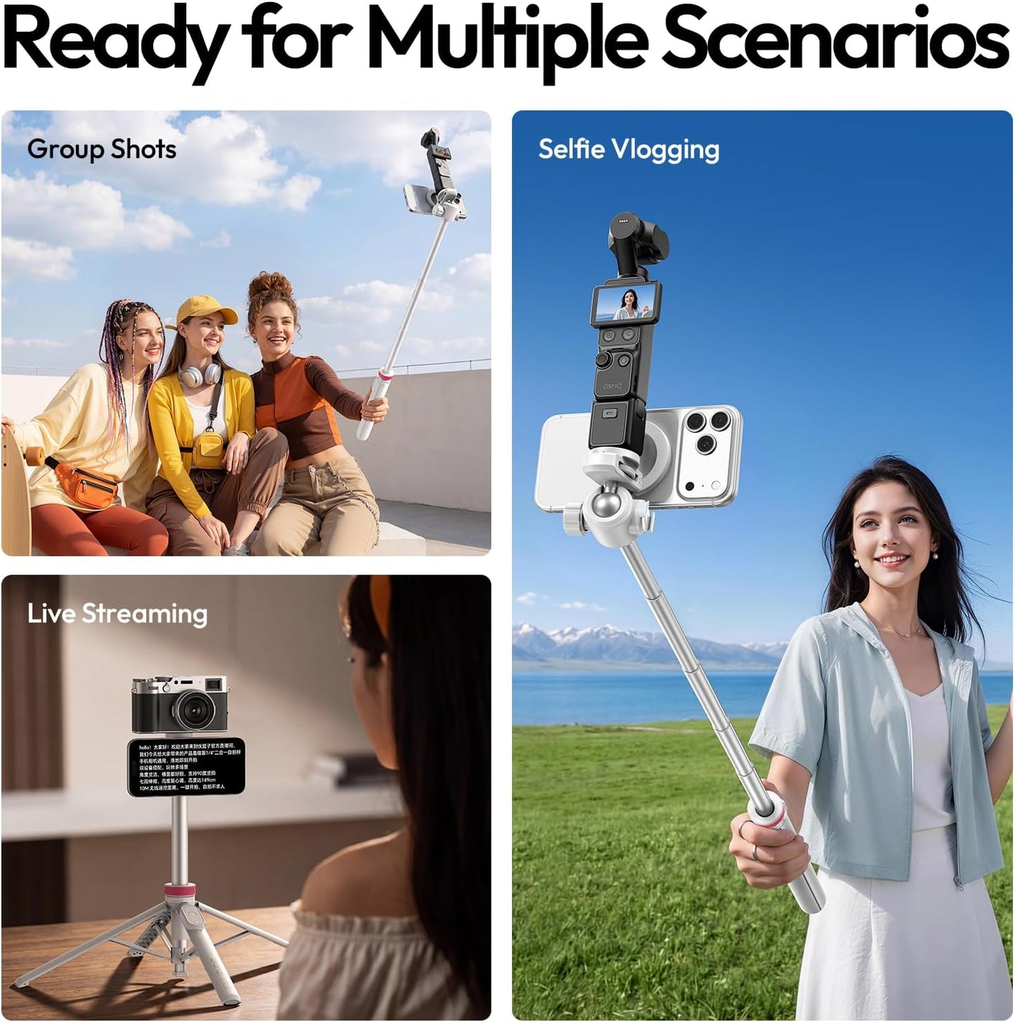 ULANZI MT44M Auto Open Magnetic Phone Tripod, 59" Selfie Stick with Remote White/Black
