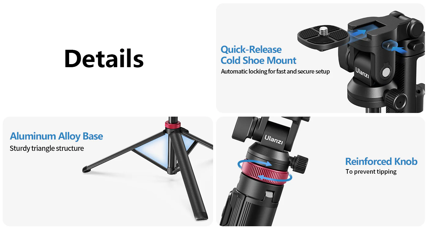 ULANZI MT-78 72.83" Extendable Phone Tripod, Metal Selfie Stick Stand with 360Â° Head
