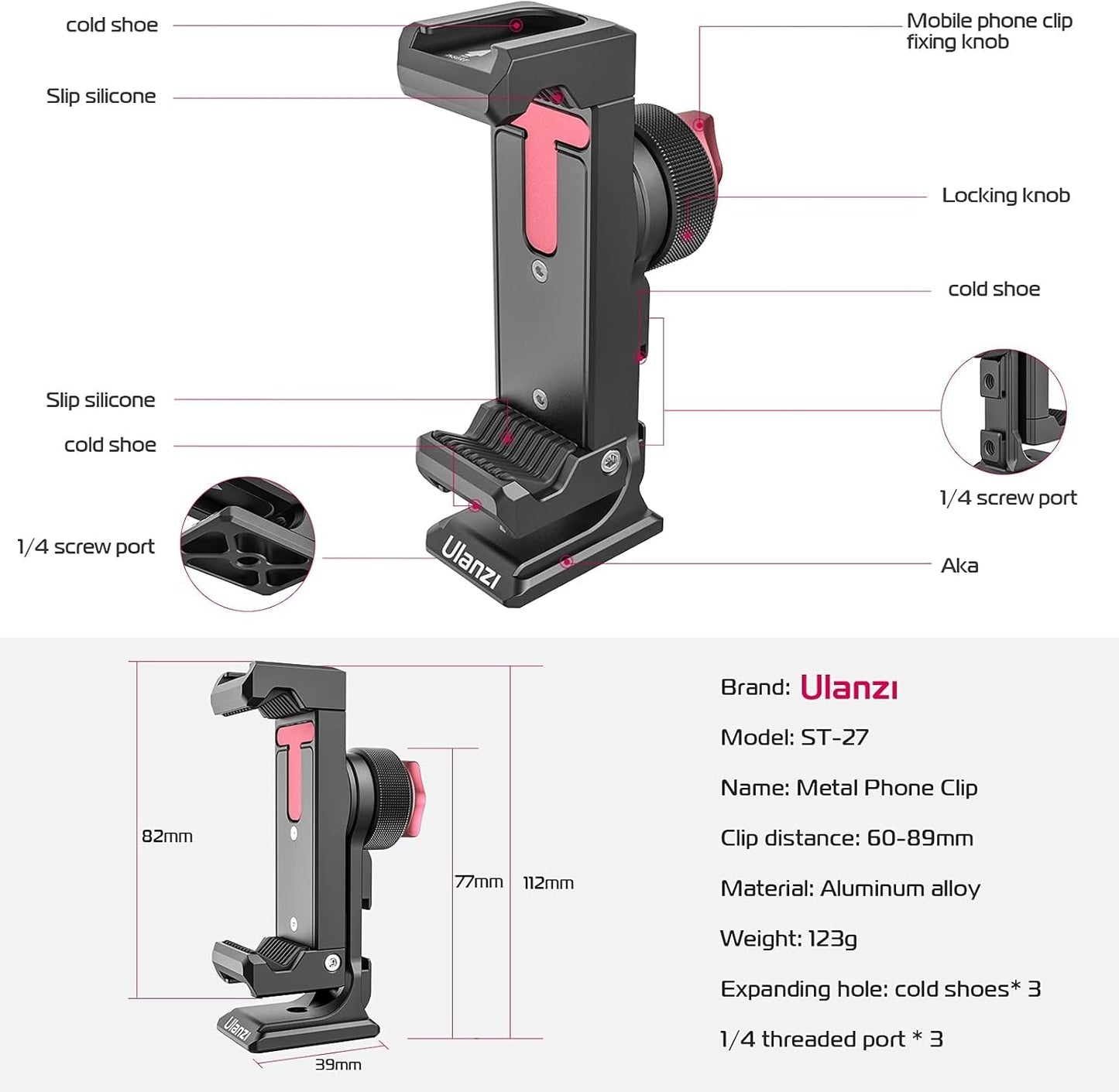 ULANZI ST-27 Phone Tripod Mount, 360Â° Metal Holder, 3 Cold Shoes, Arca, iPhone 17/16
