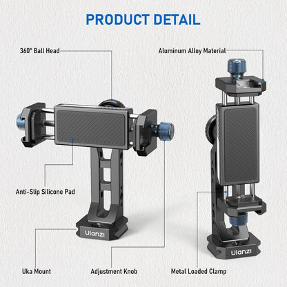 Ulanzi MA53 Phone Tripod Adapter, Arca/UKA, 2 Cold Shoe, 360Â° Metal Mount
