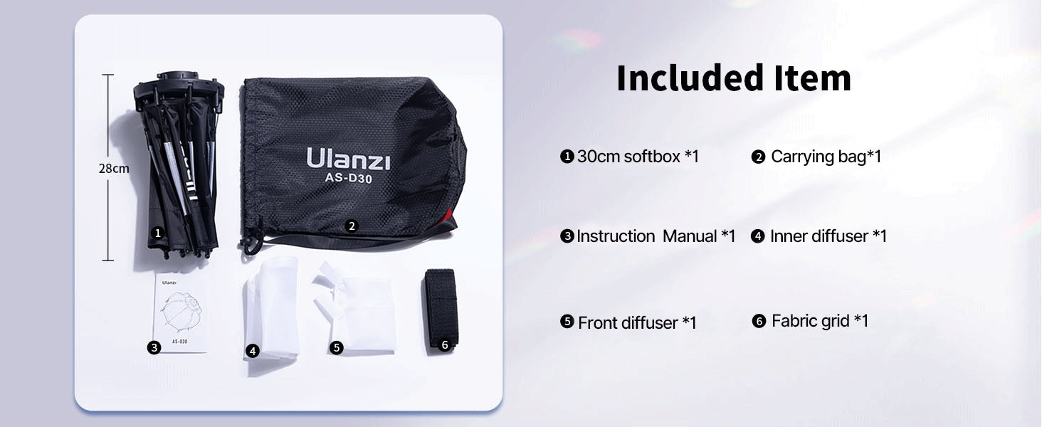 Ulanzi AS-D30 30cm Mini Bowens Mount Octagon Softbox Octagonal Speedlite, Studio Flash, Speedlight Umbrella Softbox with Carrying Bag, Lightweight Compatible with Ulanzi 40W/40W Pro/60W Video Light.