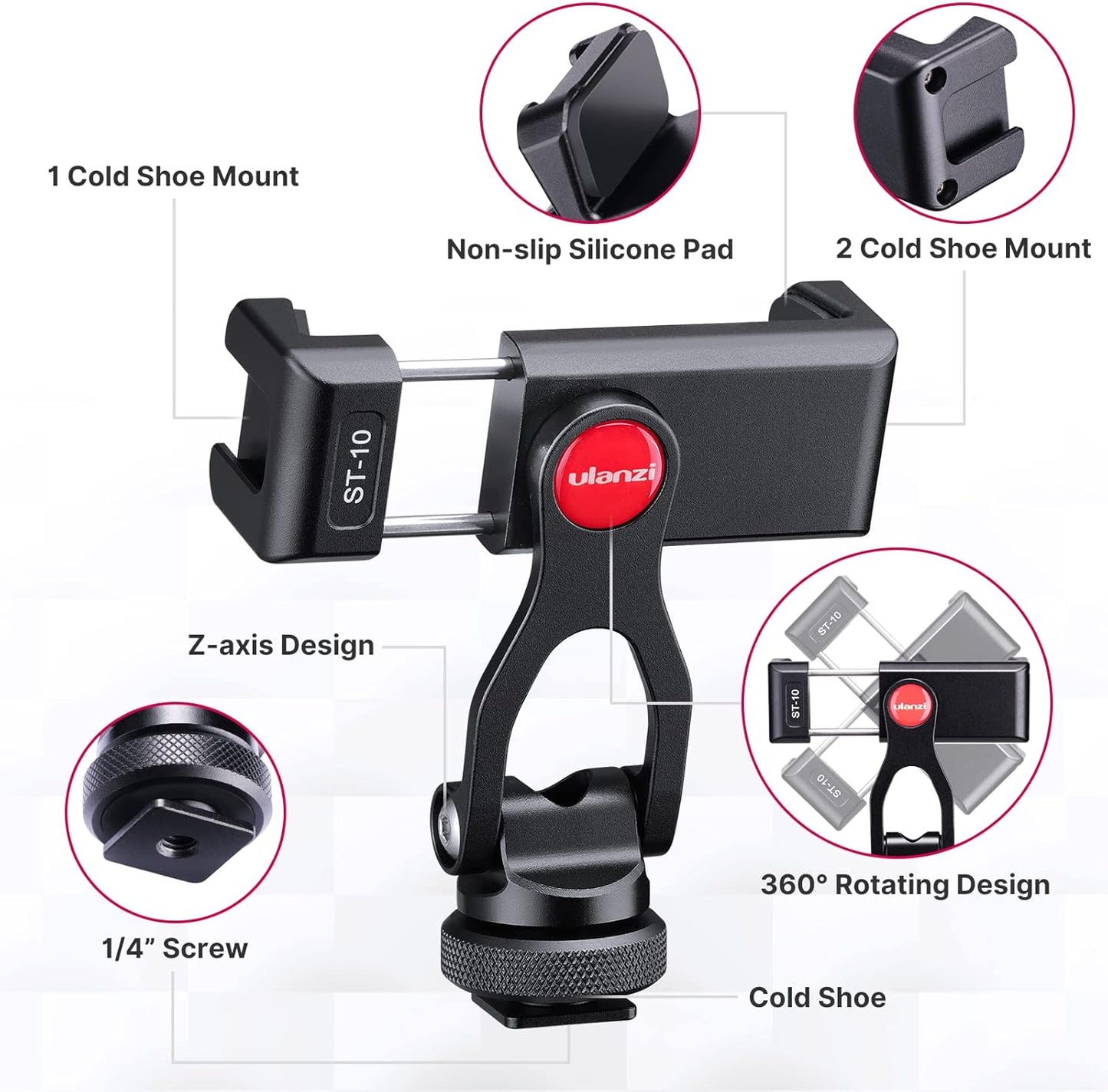 ULANZI ST-10 Metal Phone Tripod Mount, 360¬∞ Universal Clamp, 2 Cold Shoes