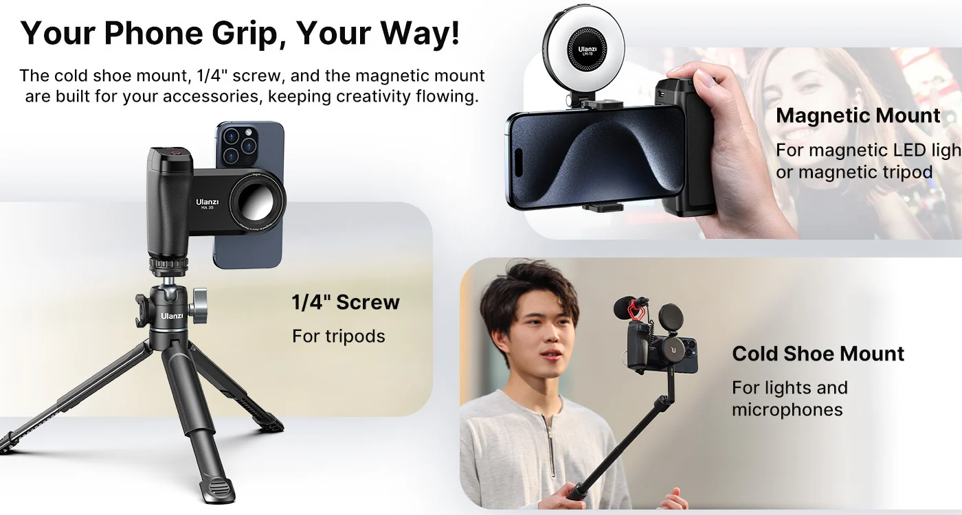 MA35 Selfie Phone Tripod Mount, 2-in-1 Magnetic Clip with Remote Shutter