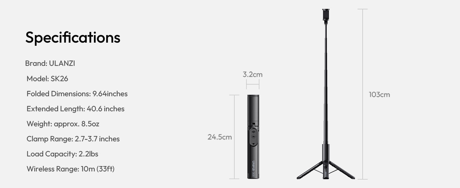 ULANZI SK26 40" Selfie Stick Tripod with Bluetooth Remote for iPhone-mobile clip