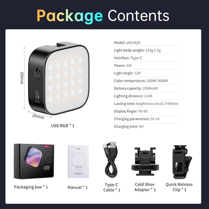 Ulanzi U60 (Black) RGB Video Light, 360Â° Color, CRIâ‰¥95, 2500-9000K, 2500mAh