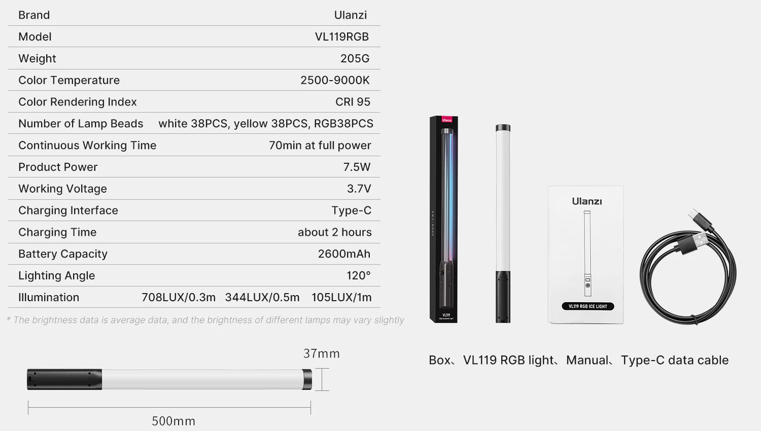Ulanzi VL 119 RGB Light Stick 2500K-9000K, CRI 95+, 2000mAh LED