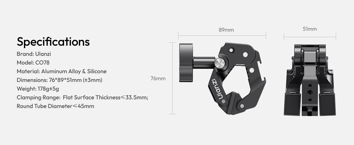 ULANZI CO78 3-Jaw Super Clamp, Cold Shoe, 1/4"-20, ARRI Pins Mount