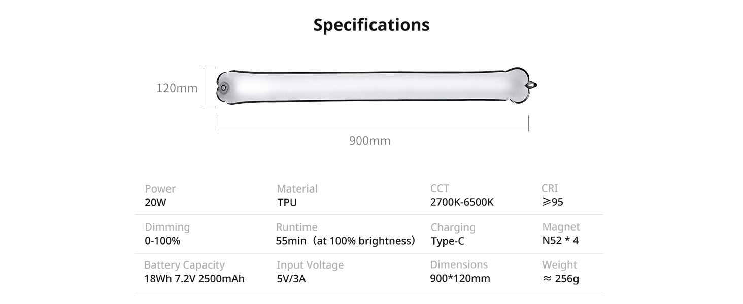 Ulanzi UA20 20W Bi-Color Inflatable Tube Light, 2700K-6500K, CRI 95+