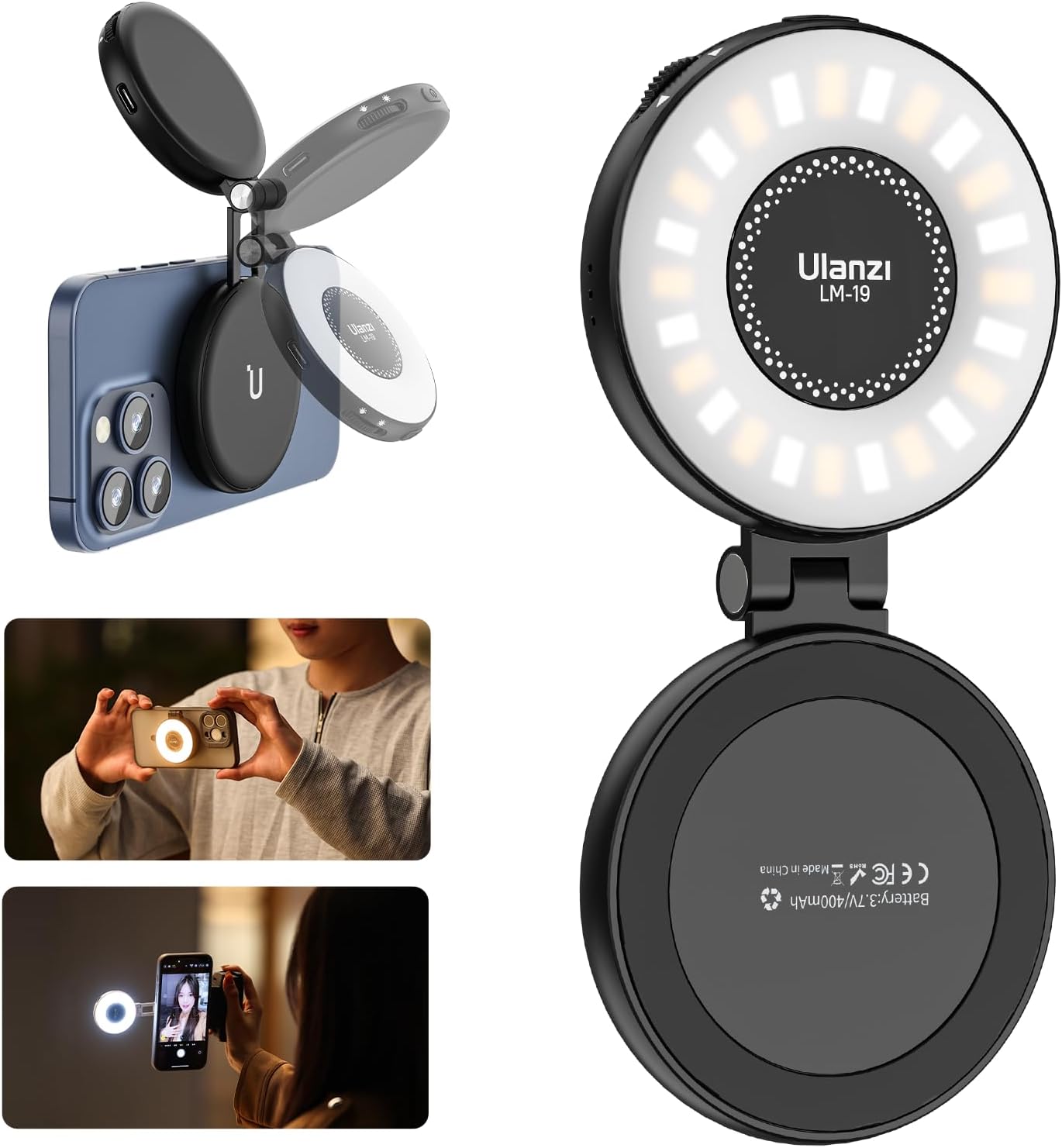 Ulanzi LM19 Magnetic LED Selfie Light with Magsafe, Sticky Ring for Phones