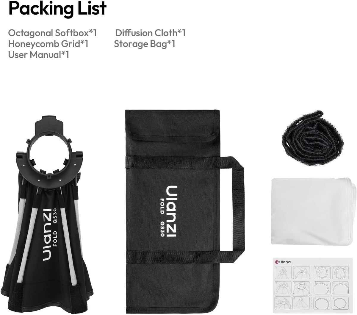 ULANZI QS30 30cm Octagonal Softbox with Quick Release Bowens Mount, Grid & Cloth Mini