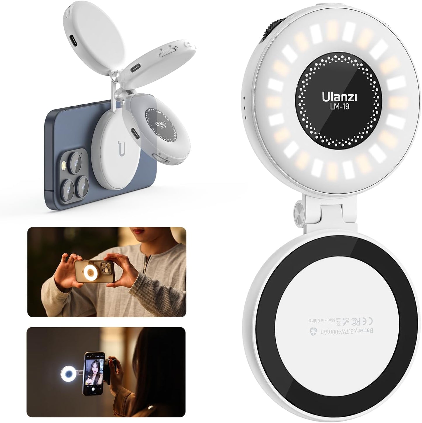 Ulanzi LM19 Magnetic LED Selfie Light with Magsafe, Sticky Ring for Phones