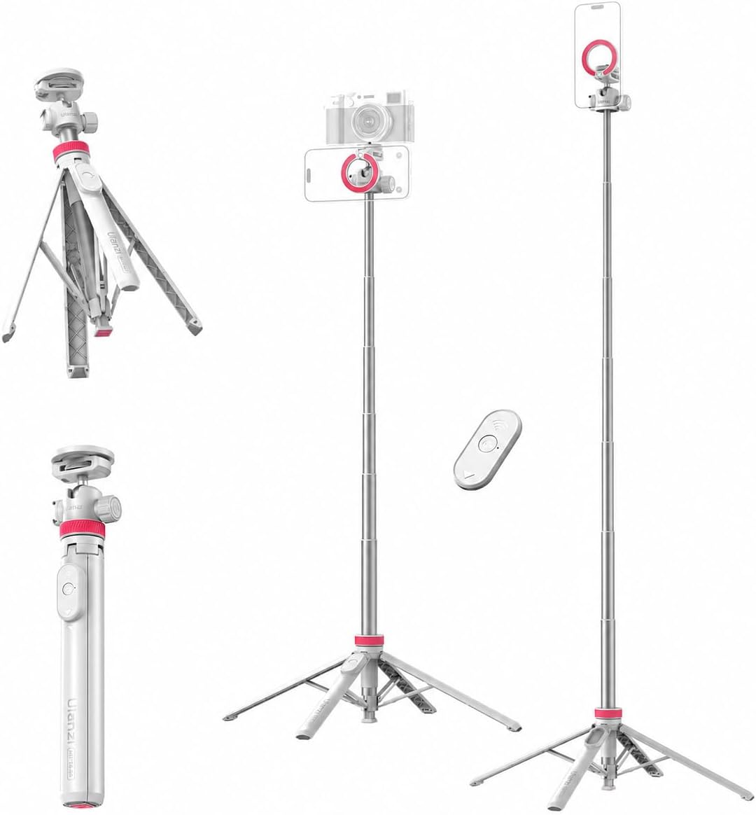 ULANZI MT44M Auto Open Magnetic Phone Tripod, 59" Selfie Stick with Remote White/Black