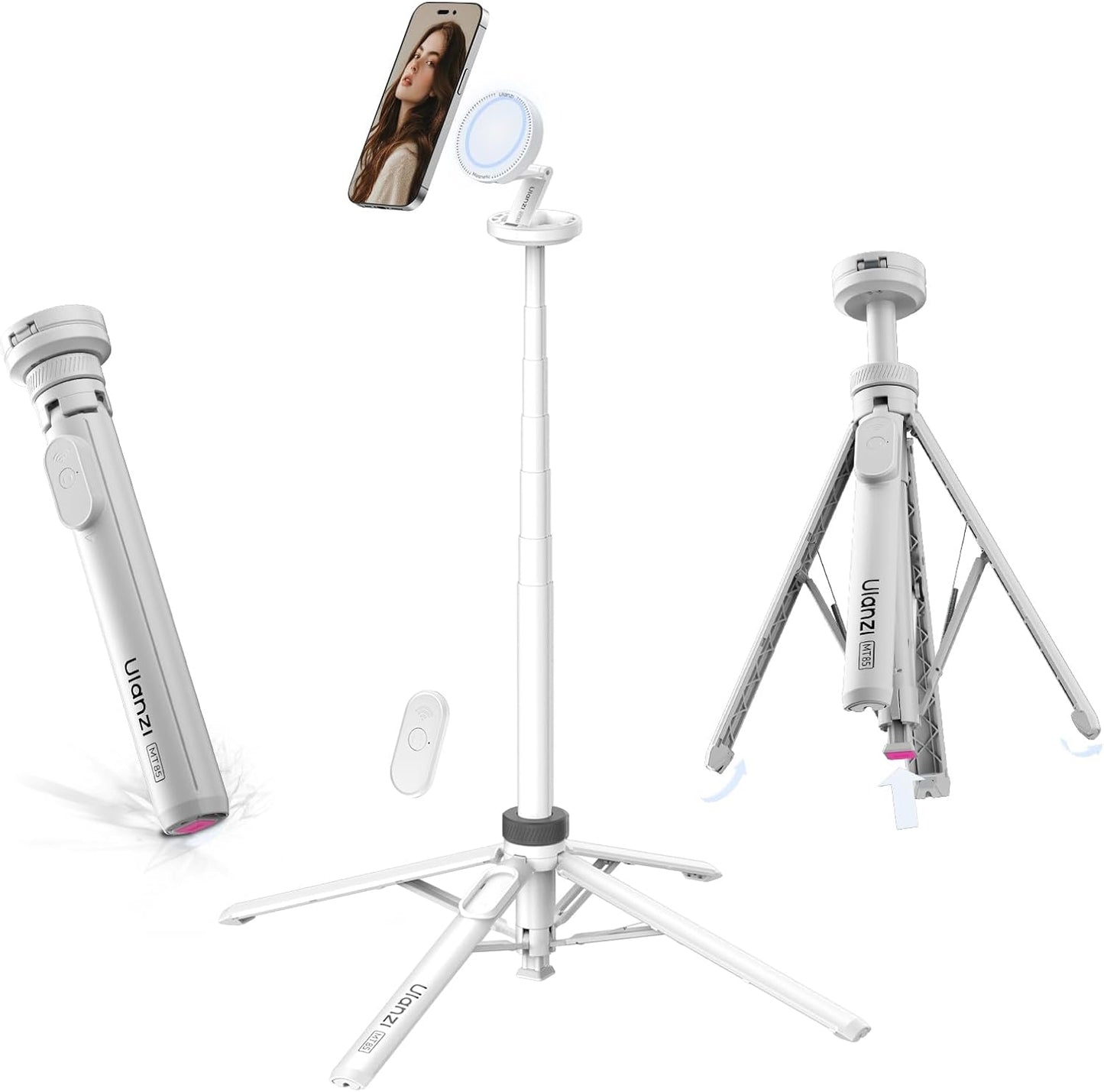 ULANZI MT85 Automatic Phone Tripod, 60″ Auto-Open 4-Leg Stand for iPhone 12–17, Black/White